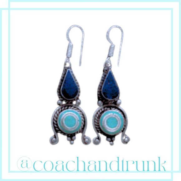 Lapis Lazuli Turquois Natural Inlay Silver Handcrafted Ornate Metalwork Earrings - Picture 1 of 4